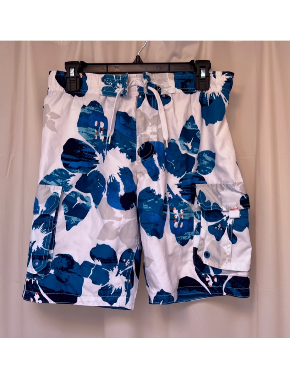 white blue floral hawaiian board shorts cherokee pockets